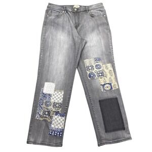 LOGO Lori Goldstein Gray Denim Boyfriend Jeans Patchwork Embellished 14 Fits 32"